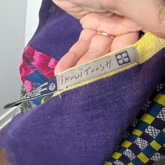 Inouitoosh Scarf Purple Portrait Abstract Fringe Cotton Cashmere Silk Wool - Picture 4 of 8